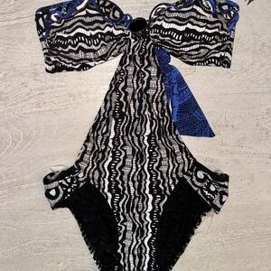 Gottex Black White Lace Print  Bandeau Halter Neck Monokini Swimsuit Ha Size 8